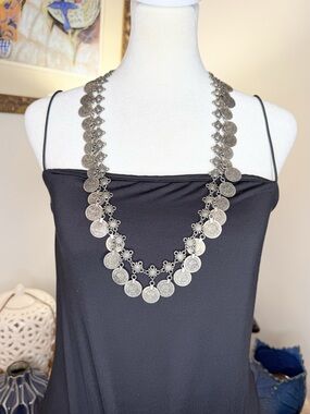 Vintage Boho Coin Necklace Silver Tone Tribal Bib Statement Fringe 32”
